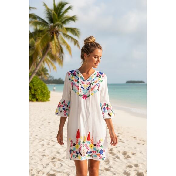 Debbie Katz Maui Tunic Cover Up Dress XS S Bohemian Resort Wear Beach Vacation - Picture 1 of 9